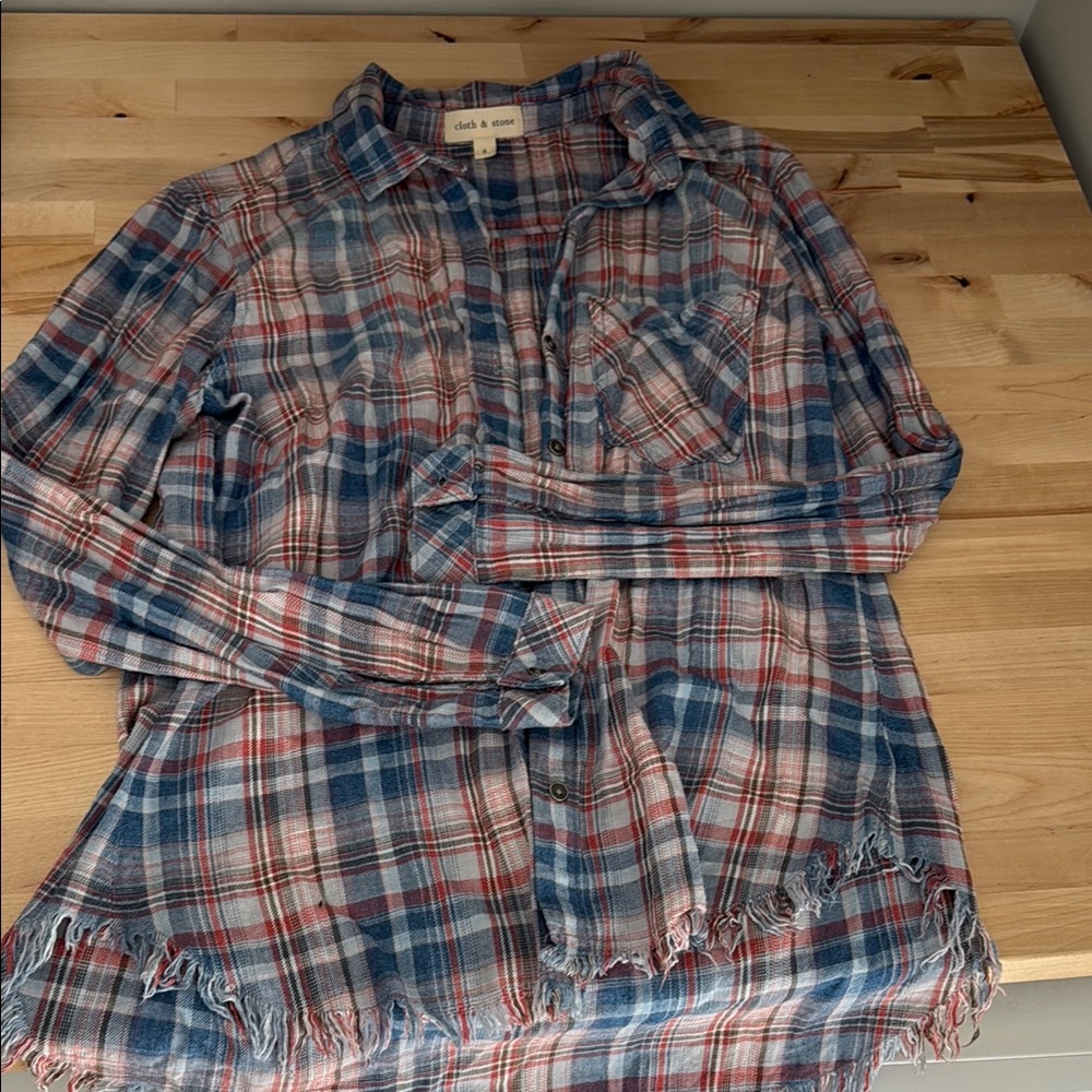 Plaid Button-Up Shirt with Frayed Hem